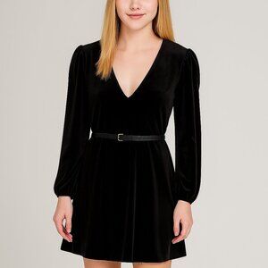 NWT Gianni Bini Black Velvet Fit & Flare Dress - Juniors M/V-Neck Long Sleeve